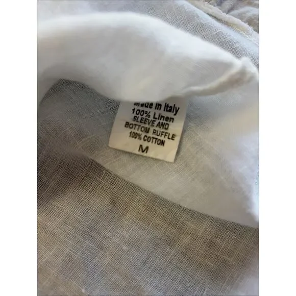 Terzo Millennio Italy White 100% Linen Blouse L Ruffle Hem Boho Top Shirt - Picture 8 of 9
